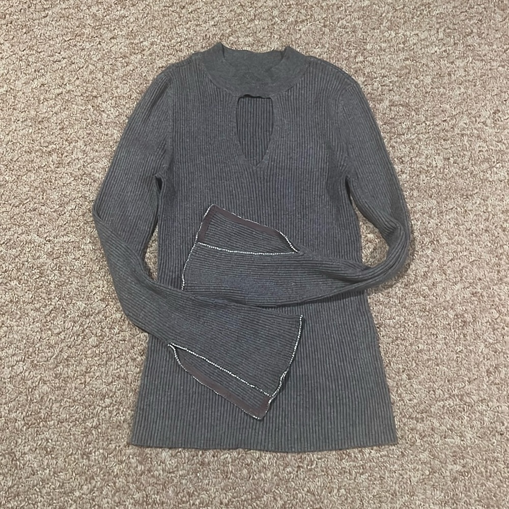 INC women’s gray sweater with bell rhinestone sleeves. Size medium